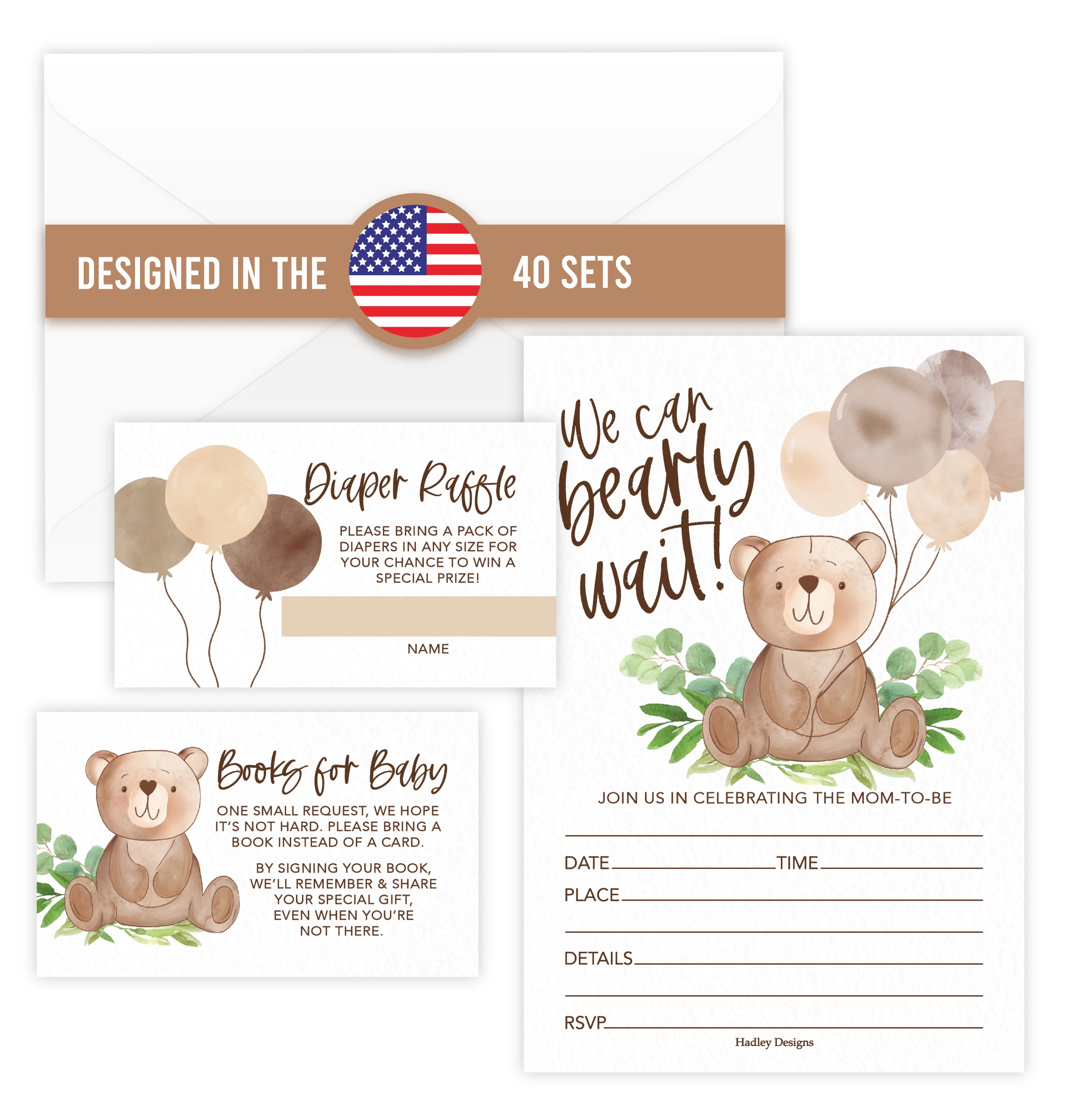 40 Baby Shower Invitations for Boy – Includes Diaper Raffle, Book Request Cards & Envelopes – Complete Set