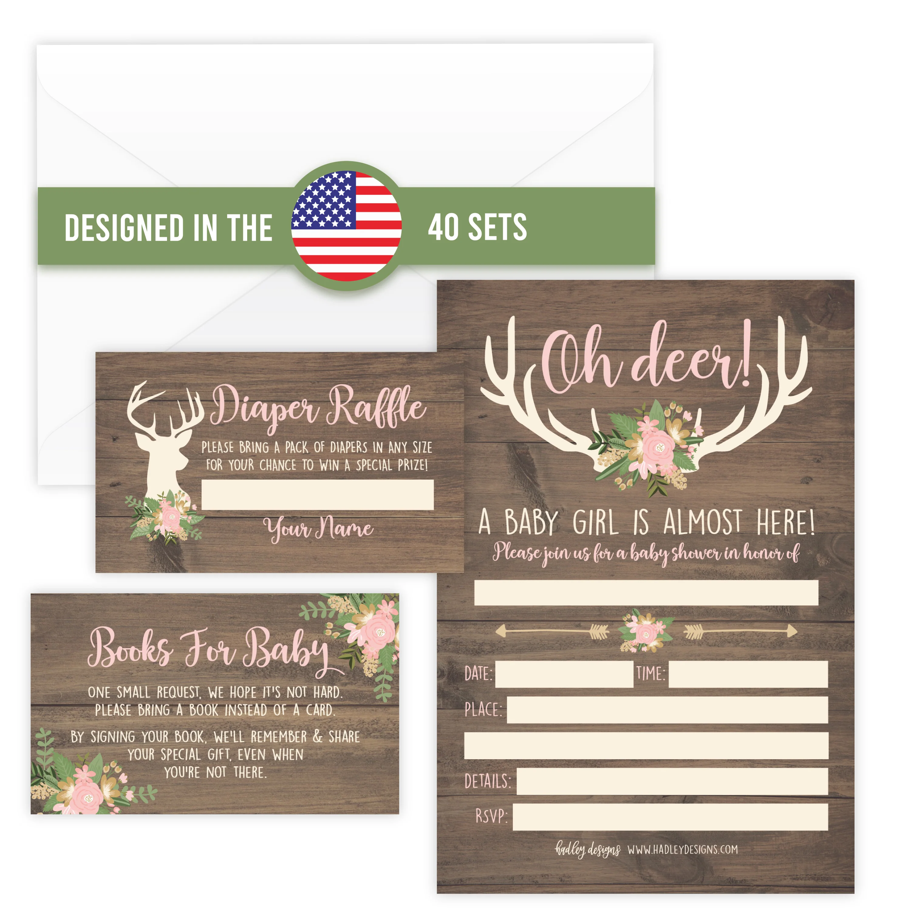 40 Baby Shower Invitations for Boy – Includes Diaper Raffle, Book Request Cards & Envelopes – Complete Set