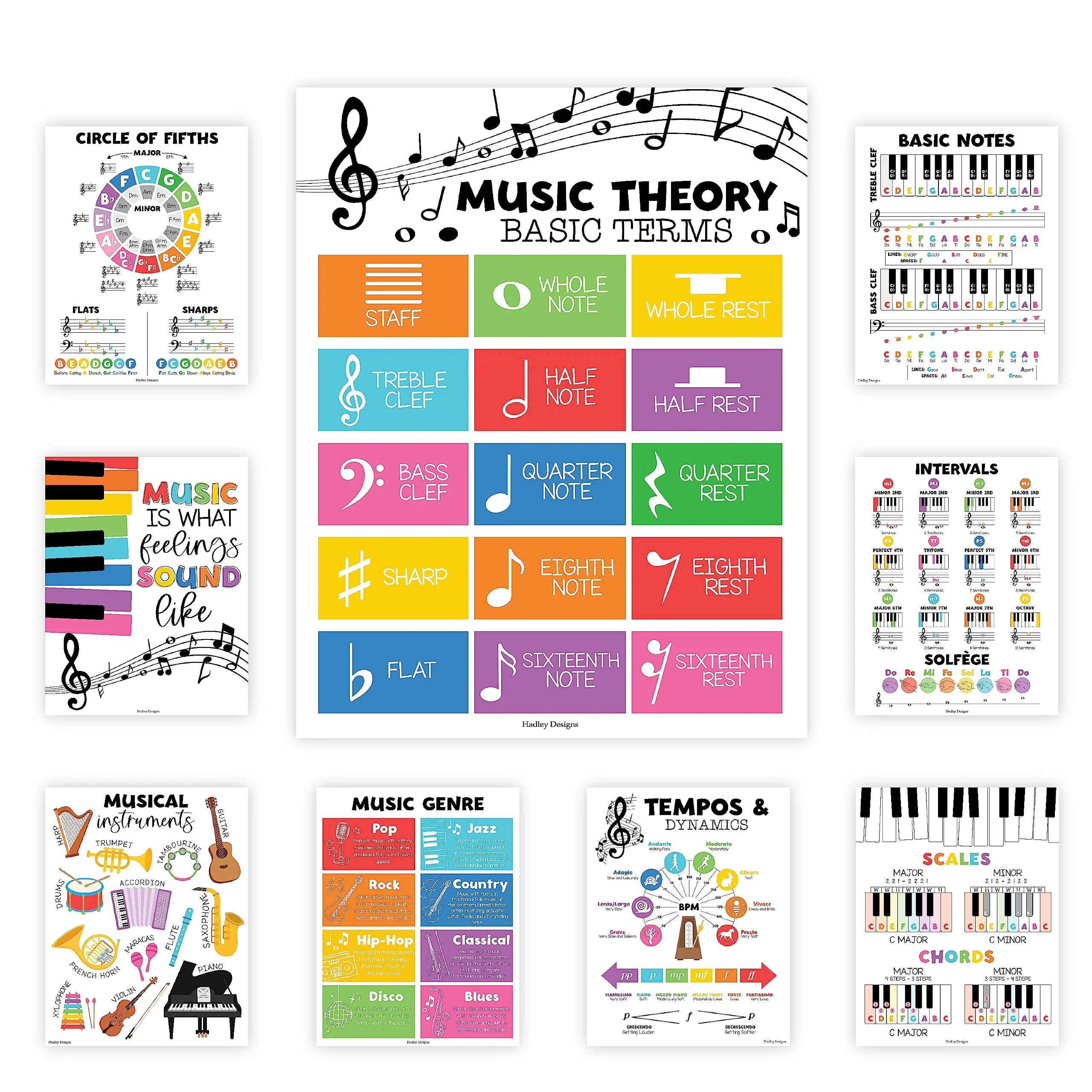 Music Classroom Posters, Colorful Pack of 9