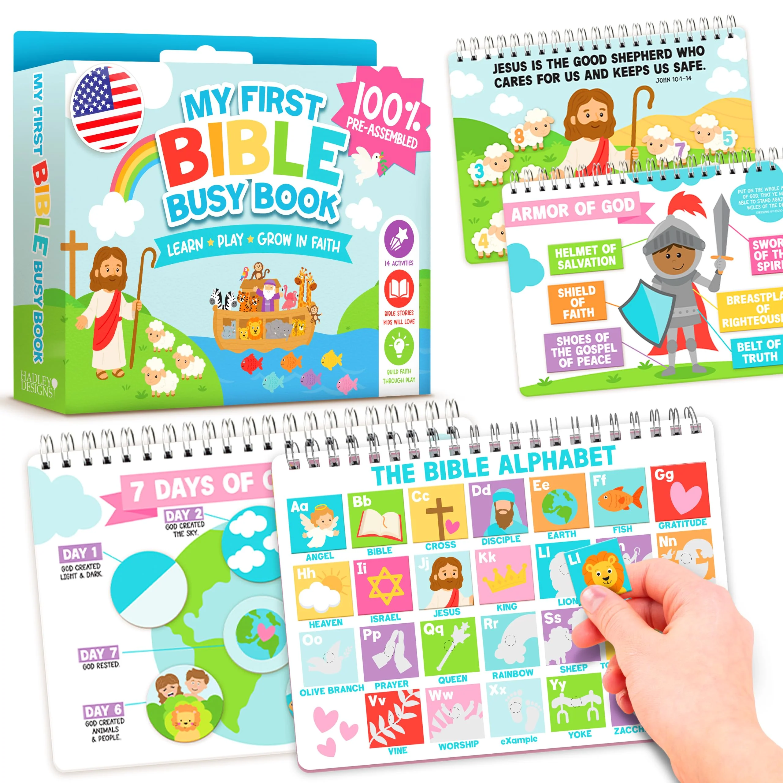 Hadley Designs My First Bible Busy Book Toddlers 3-5, Montessori Preschool Learning Activities Age 4-5, 152 Pcs Velcro Bible Activity Book, Church Quiet Activities for Kids, Noahs Ark Toys for Toddler