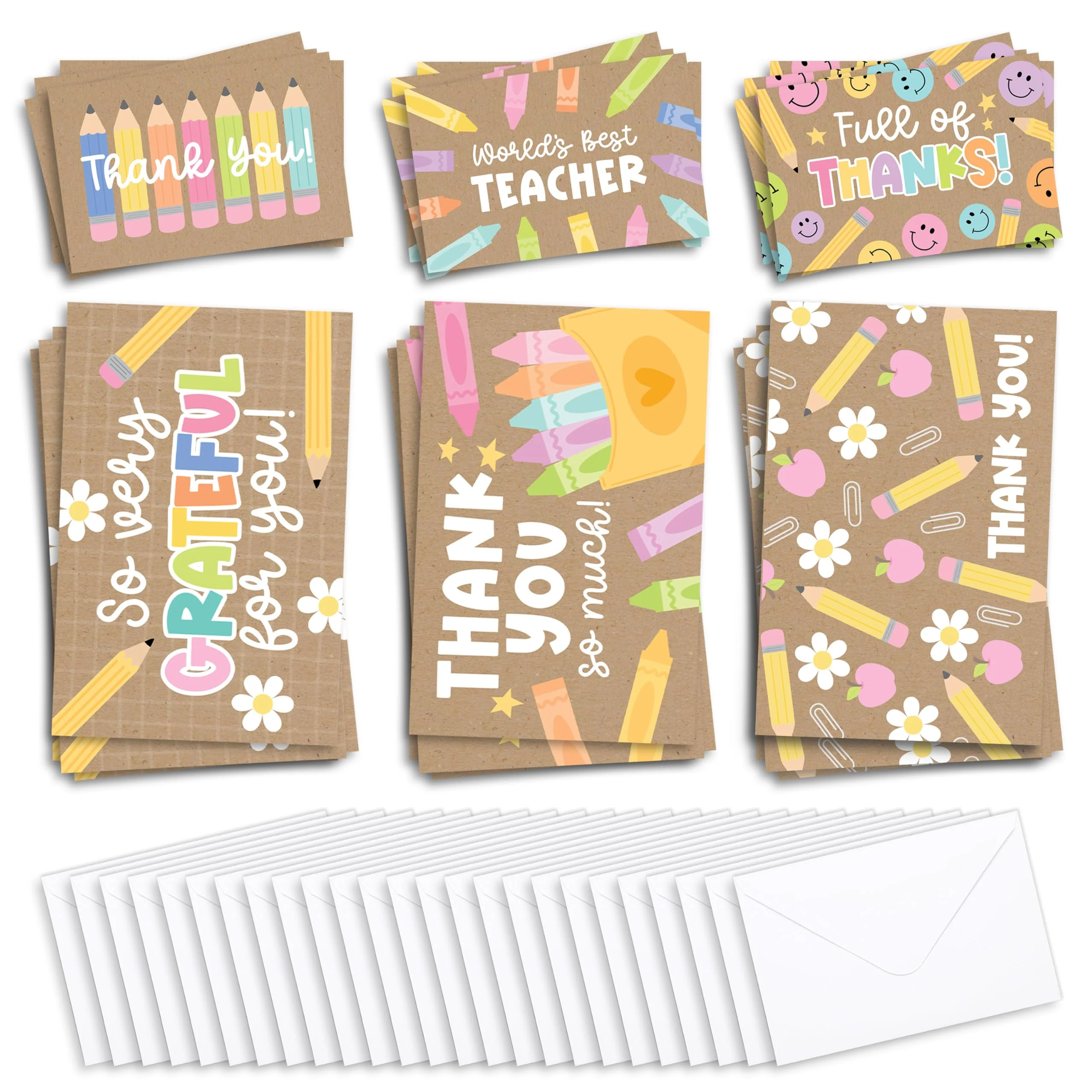 Hadley Designs Teacher Thank You Cards with Envelopes -24 Teacher Appreciation Cards Bulk, Cute Thank You Notes from Students, Teacher's Day End of School Year Christmas & Valentines Card for Teachers